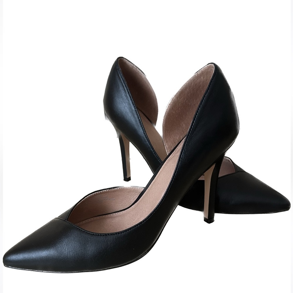 HALOGEN Autumn-Lea Black Leather D'Orsay Pumps Pointed Toe Heels Size 8M